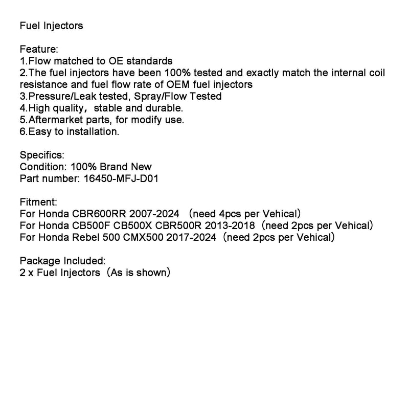Honda Rebel 500 2017-2024 CB500 CBR600RR 2PC Fuel Injectors 16450-MFJ-D01