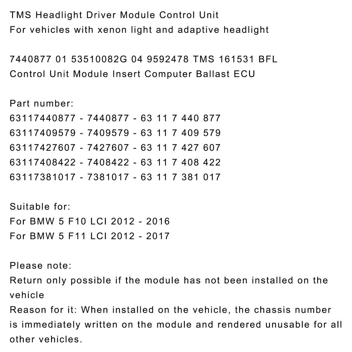 BMW 5 Series 528i M5 63117440877 Areyourshop Xenon Headlight TMS Driver Module