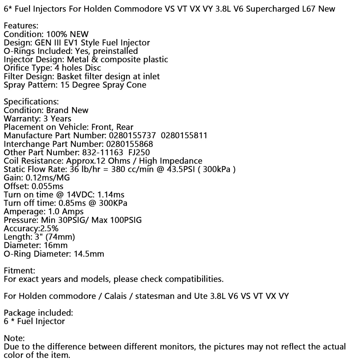 Holden Commodore VS VT VX VY 3.8L V6 Supercharged L67 New 6* Fuel Injectors