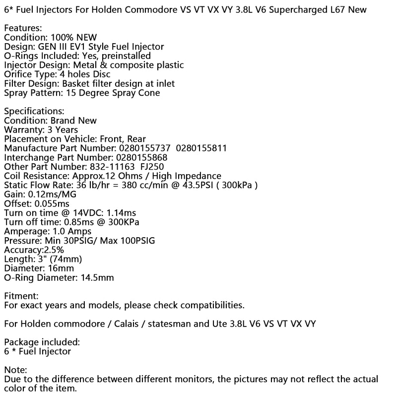 Holden Commodore VS VT VX VY 3.8L V6 Supercharged L67 New 6* Fuel Injectors
