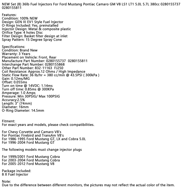 Ford Fit GM LS1 LT1 5.0L 5.7L 380CC 8PCS 36lb Fuel Injectors 0280155737
