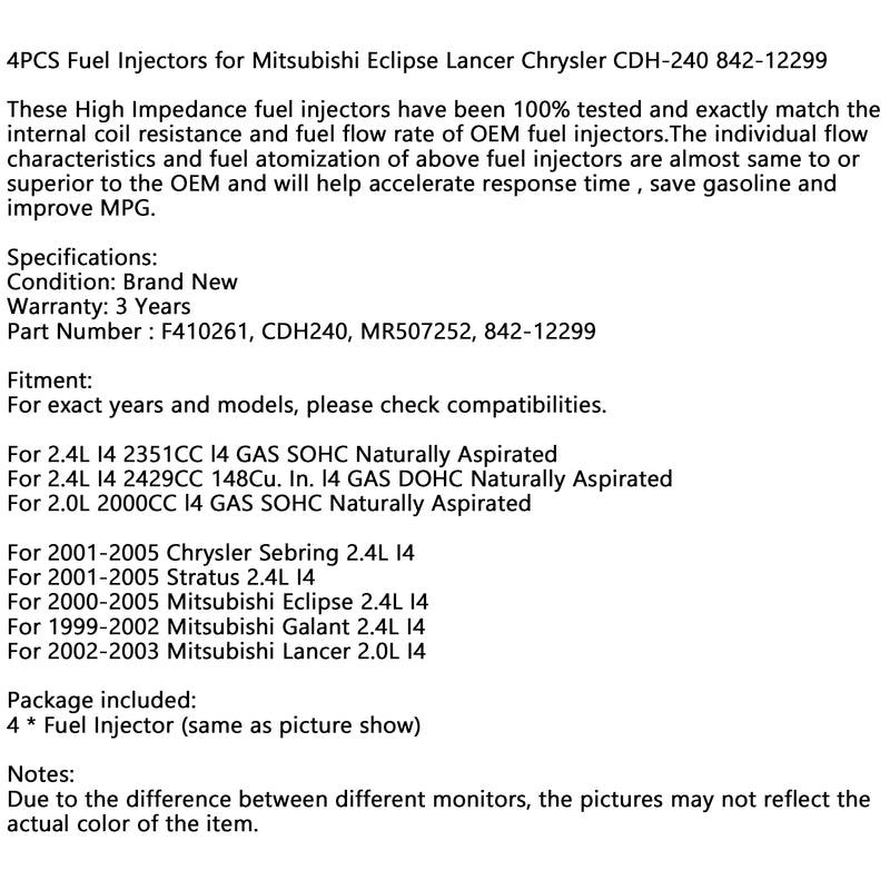 Mitsubishi Eclipse Lancer Chrysler CDH-240 842-12299 4PCS Fuel Injectors