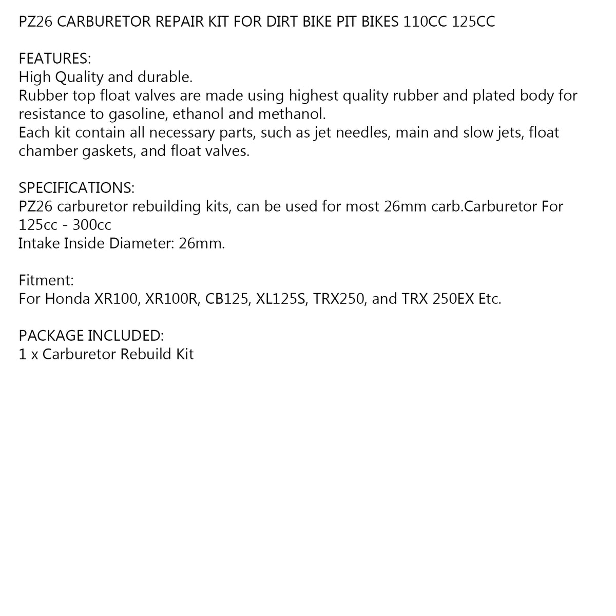 DIRT BIKE PIT BIKES 110CC 125CC ATV PZ26 CARBURETOR Carb Repair Rebuild KIT