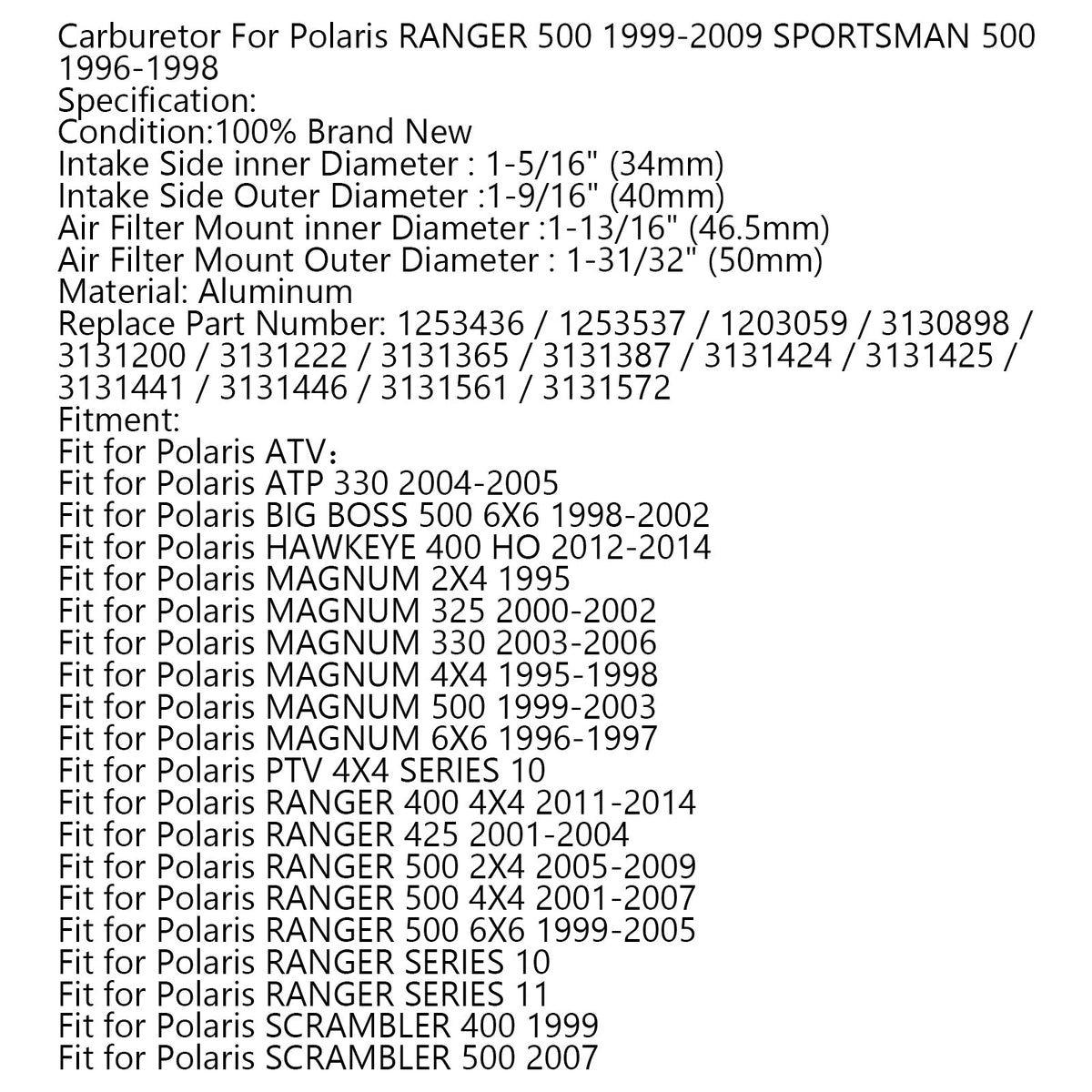Polaris RANGER 500 1999-2009 SPORTSMAN 500 1996-1998 Carburetor Carb