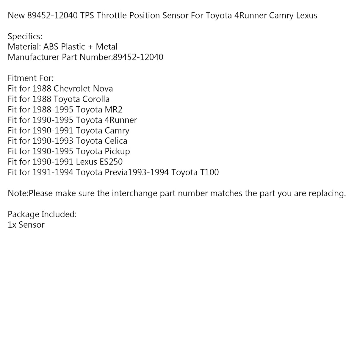 Toyota 4Runner Camry Lexus New 89452-12040 TPS Throttle Position Sensor