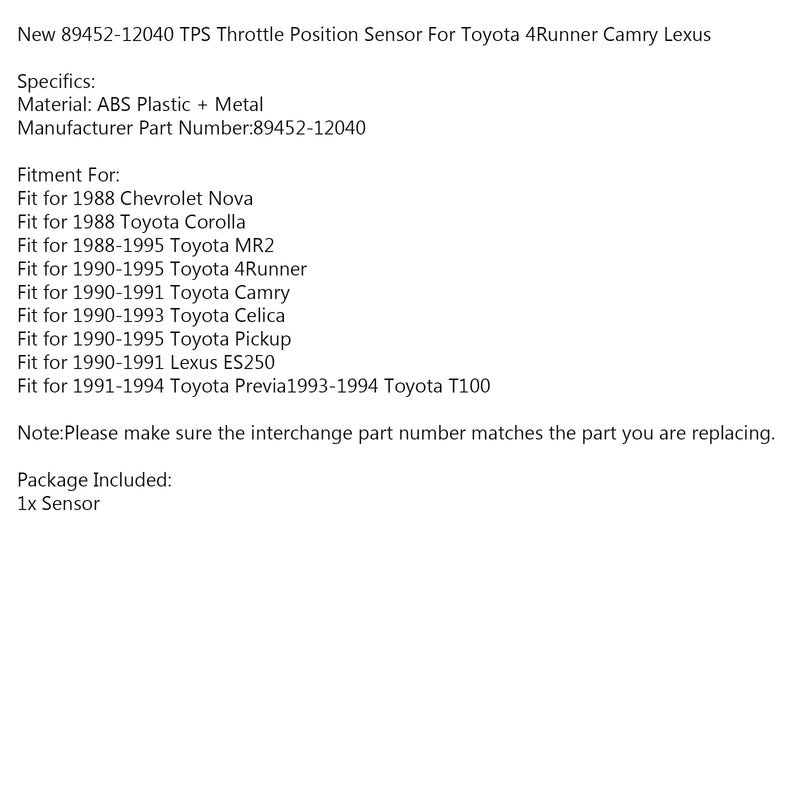 Toyota 4Runner Camry Lexus New 89452-12040 TPS Throttle Position Sensor