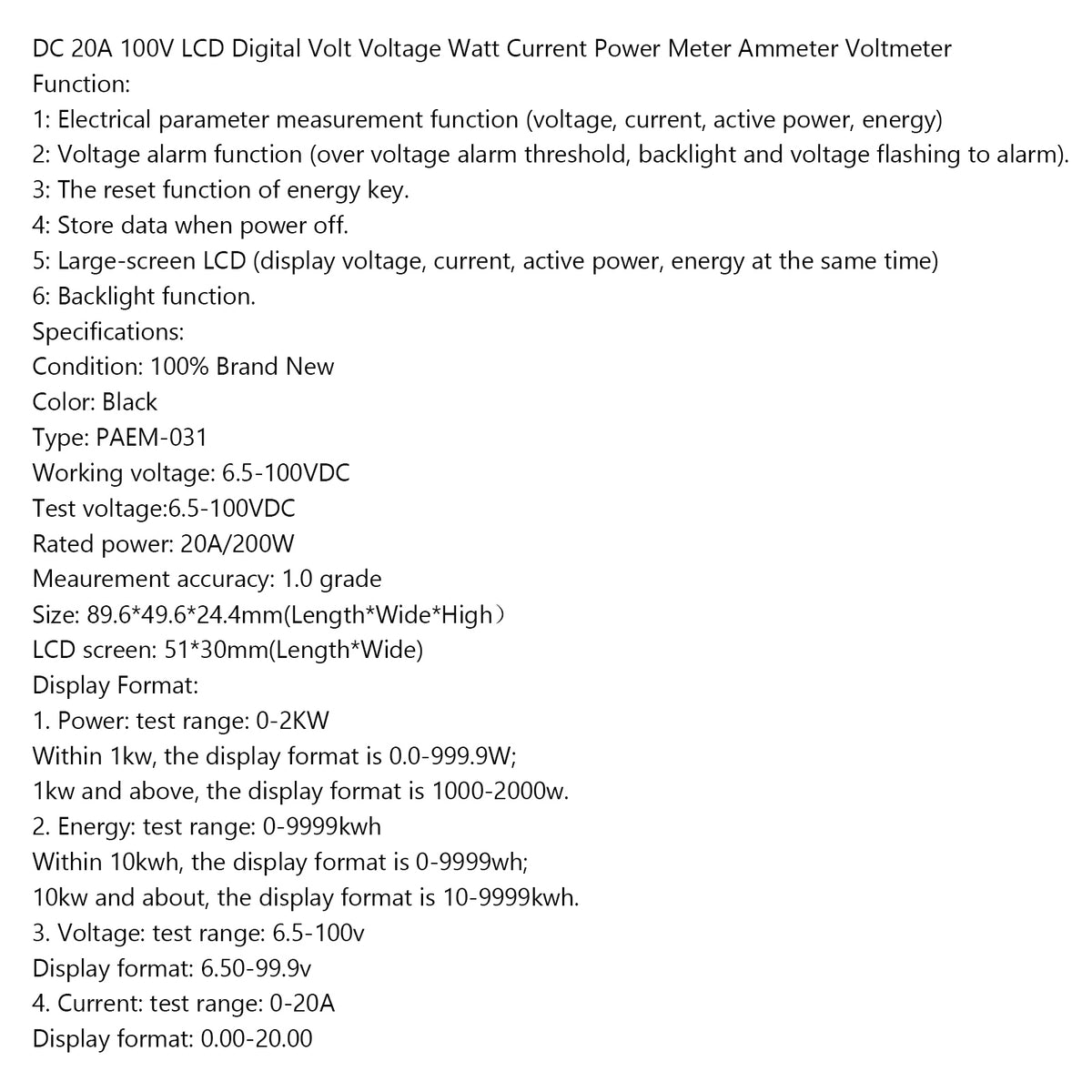 DC 20A 100V LCD Digital Volt Voltage Watt Current Power Meter Ammeter Voltmeter