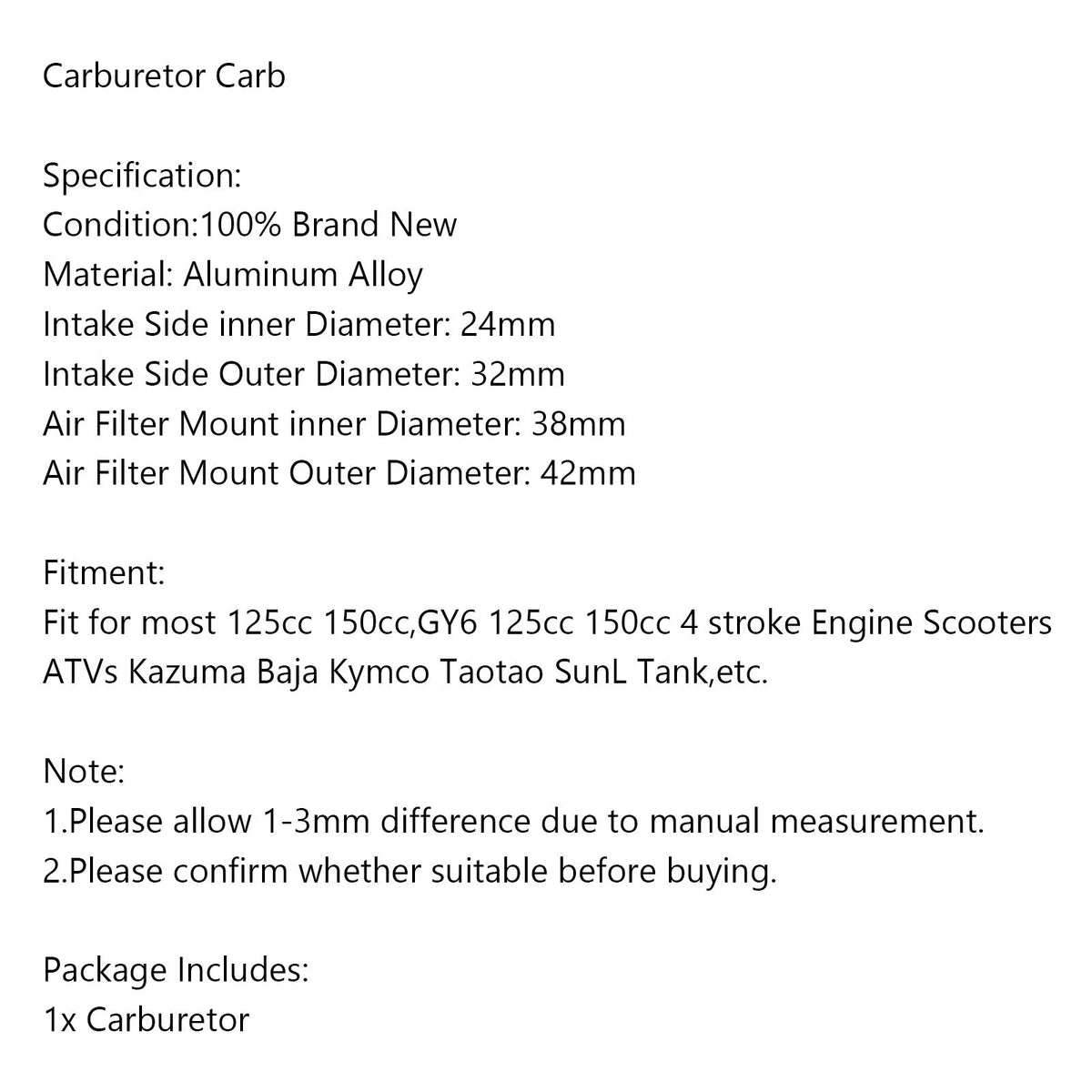 Gy 6 125 150cc Scooter ATV Kazuma Baja Kymco Taotao SunL Tank Carburetor Carb