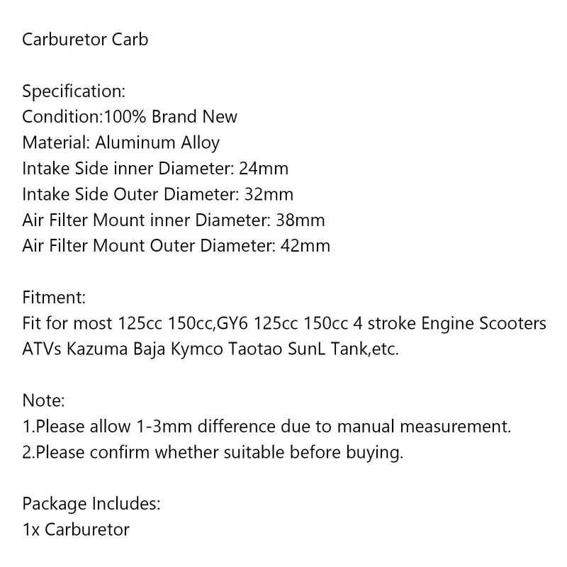 Gy 6 125 150cc Scooter ATV Kazuma Baja Kymco Taotao SunL Tank Carburetor Carb