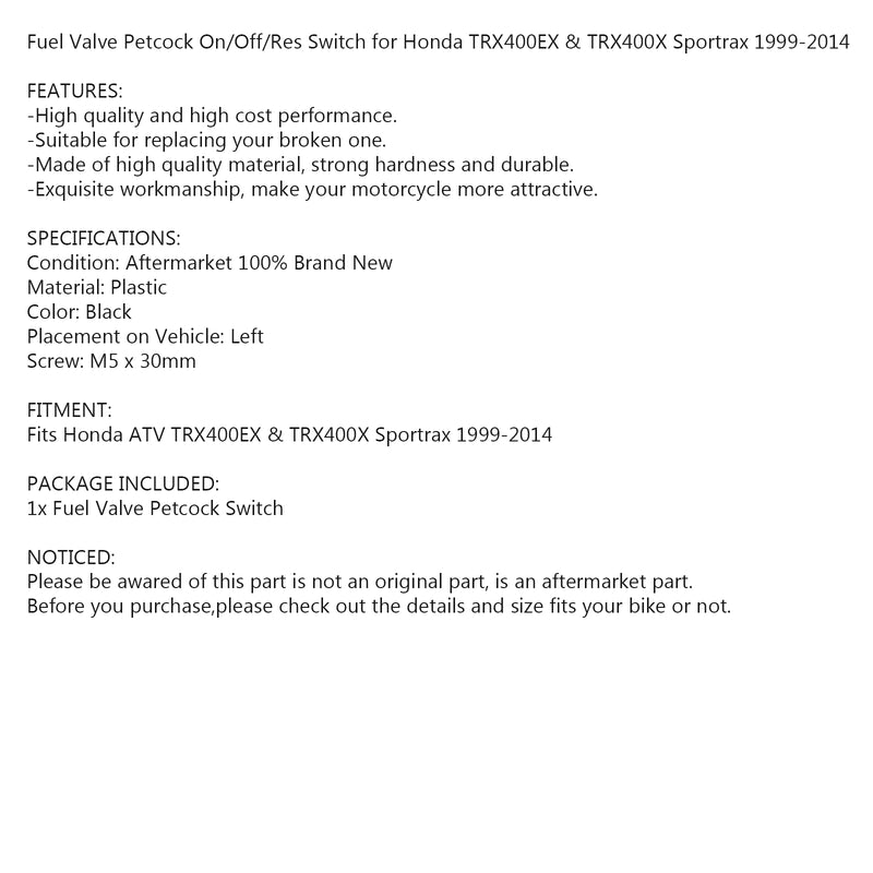 Honda Sportrax 400 TRX400EX 1999-2014 Fuel Petcock Turn Lever Knob Screw