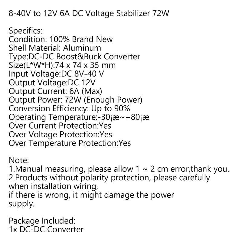 8-40V to 12V 6A DC Voltage Stabilizer 72W Car Power Supply Regulator Waterproof