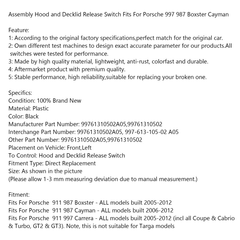Porsche 997 987 Boxster Cayman Assembly Hood and Decklid Release Switch