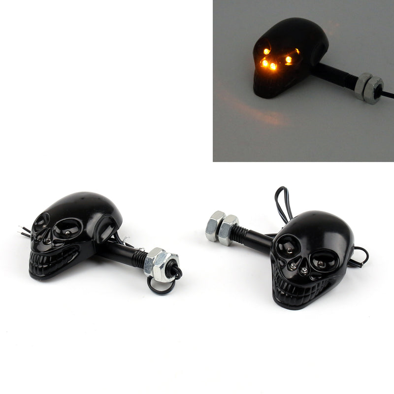 Motorcycle Skull Head Turn Signal Indicator Blinker 12V LED Amber Light Lamp BLK