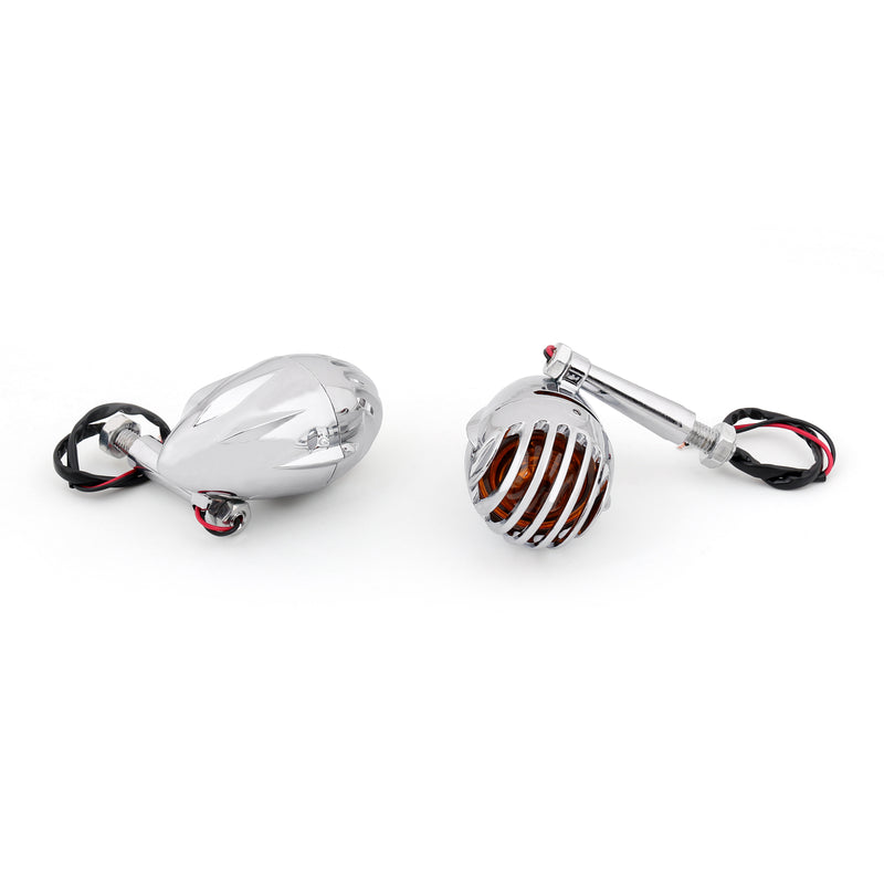 2pcs Motorcycle Turn Signals Grill Bullet Amber Indicator Lights Lamp Chrome