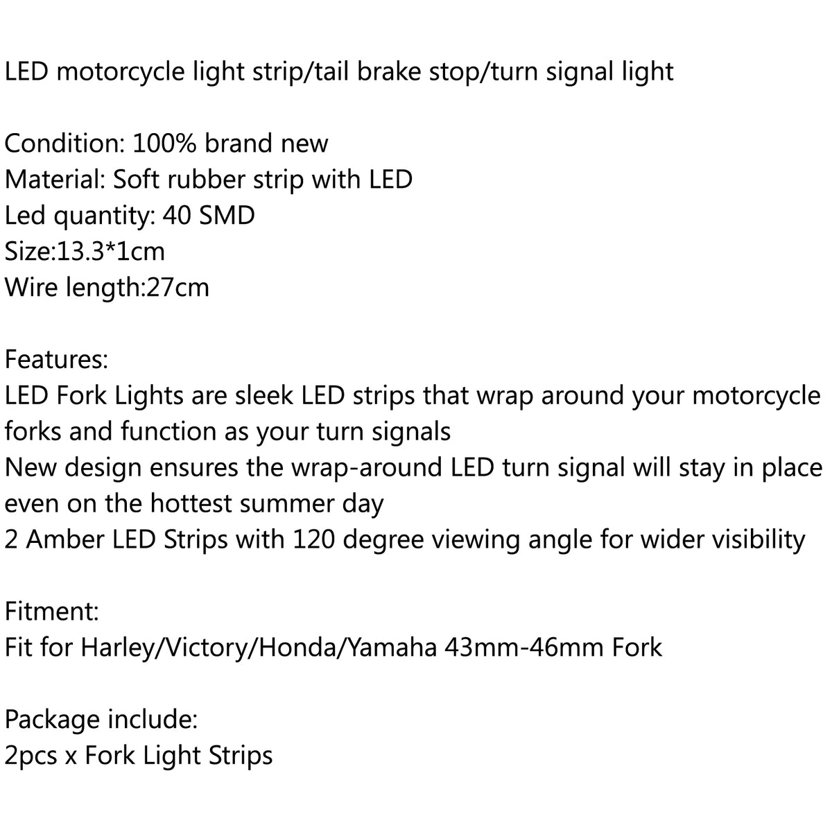 Harley Victory Honda 43mm-46mm Fork LED Turn Signal Strip Amber Light Kit