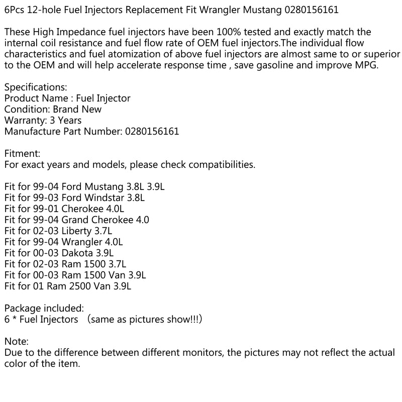 Wrangler Mustang 0280156161 6PCS 12-hole Fuel Injectors Replacement