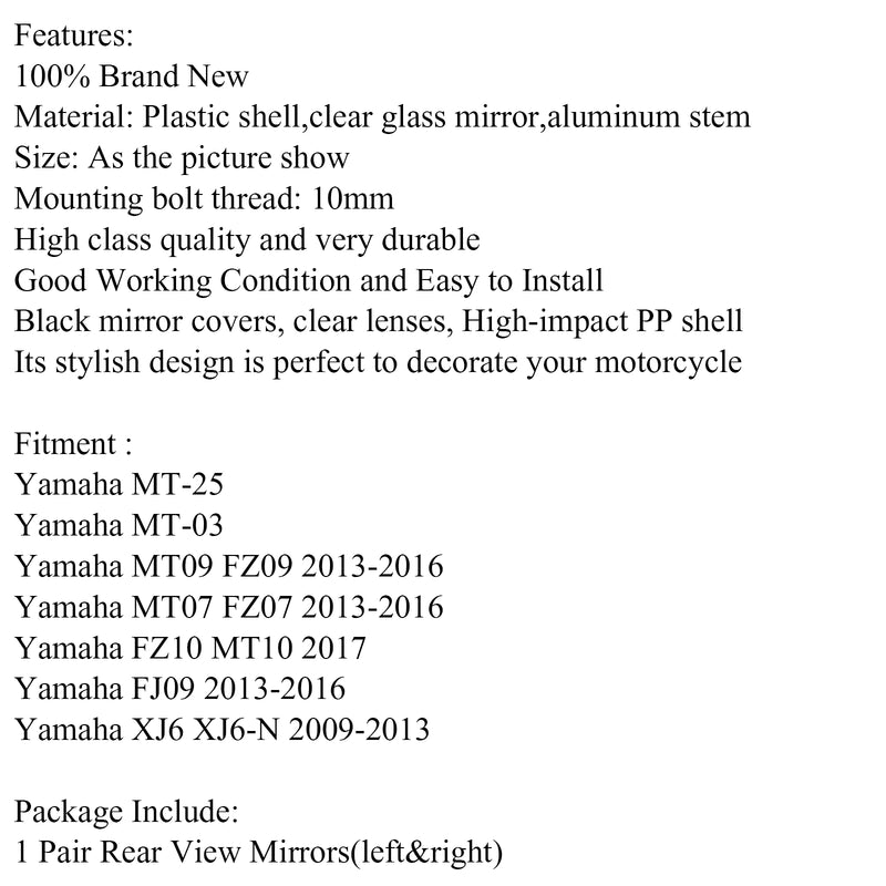 Yamaha MT09 MT03 MT25 FZ07 2013-2016 FJ09 MT10 Motocycle Rear View Mirrors