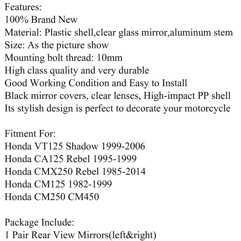 Honda CA125 CMX250 Rebel CM125 VT125 Shadow Pair Motorcycle Rearview Mirror