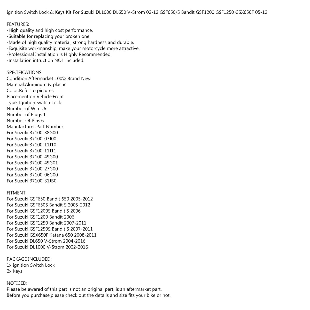 Suzuki GSF 650 1200 1250 Bandit 650/1000 V-Strom Ignition Switch Lock & Keys