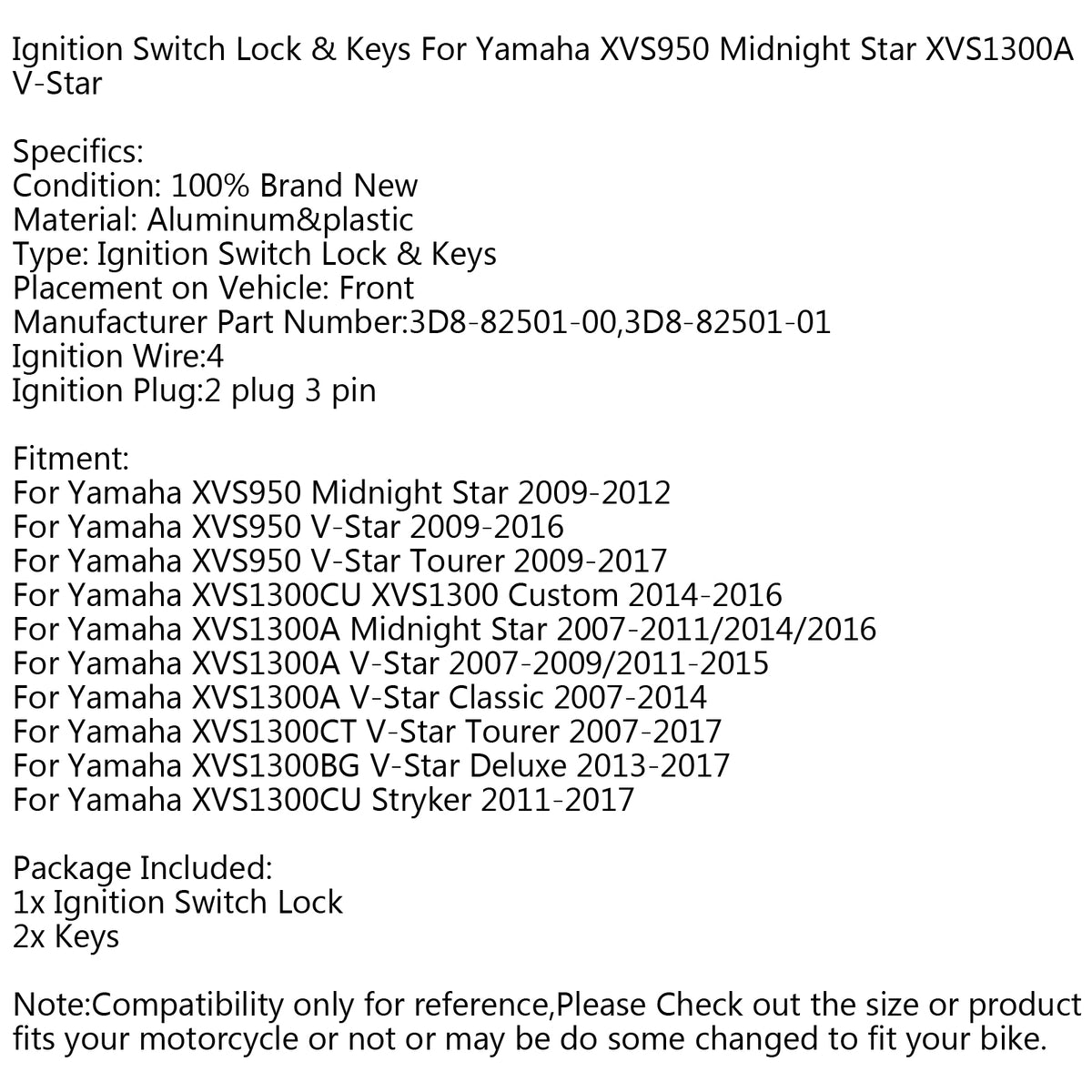 Yamaha XVS950 V-Star XVS1300A XVS1300BG Ignition Switch Lock Keys