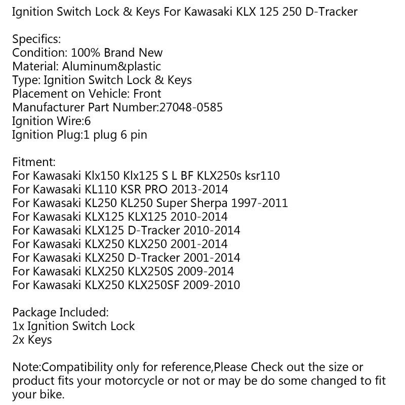 Kawasaki KL110 KSR PRO 2013-2014 KLX250 KLX125 Ignition Switch Lock Keys