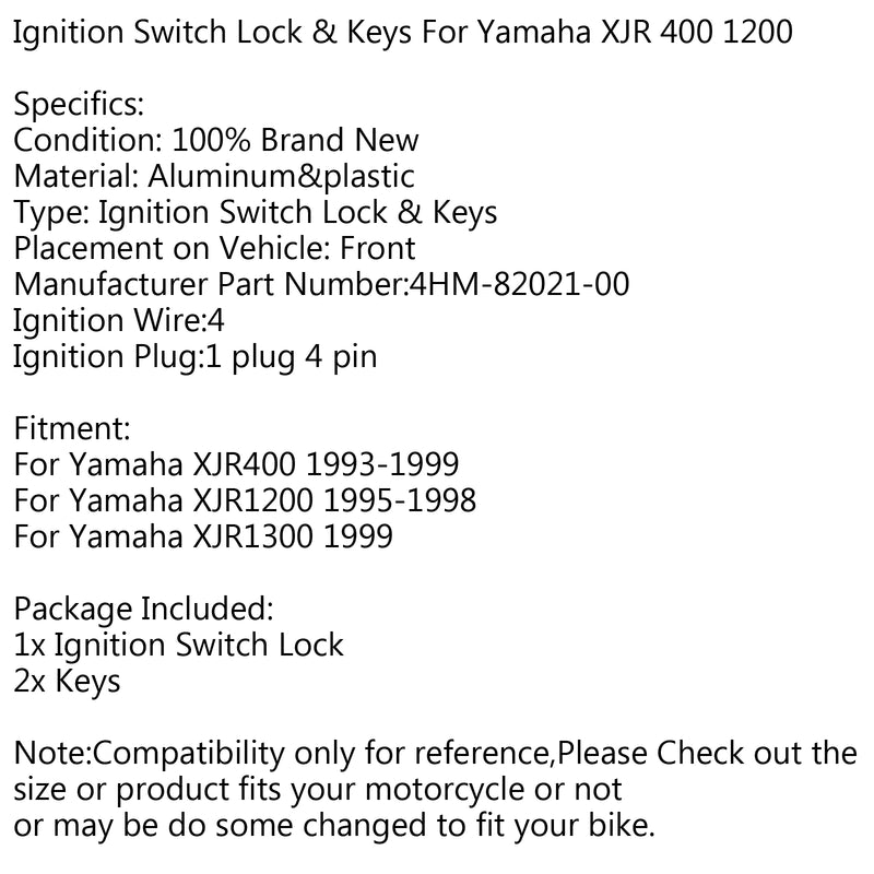 Yamaha XJR400 1993-1999 XJR1200 1995-1998 XJR1300 1999 Ignition Switch Lock Keys