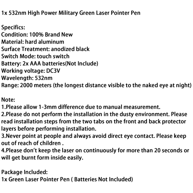High Power Military 1mw 532nm Green Laser Pointer Pen Visible Beam Light Lazer