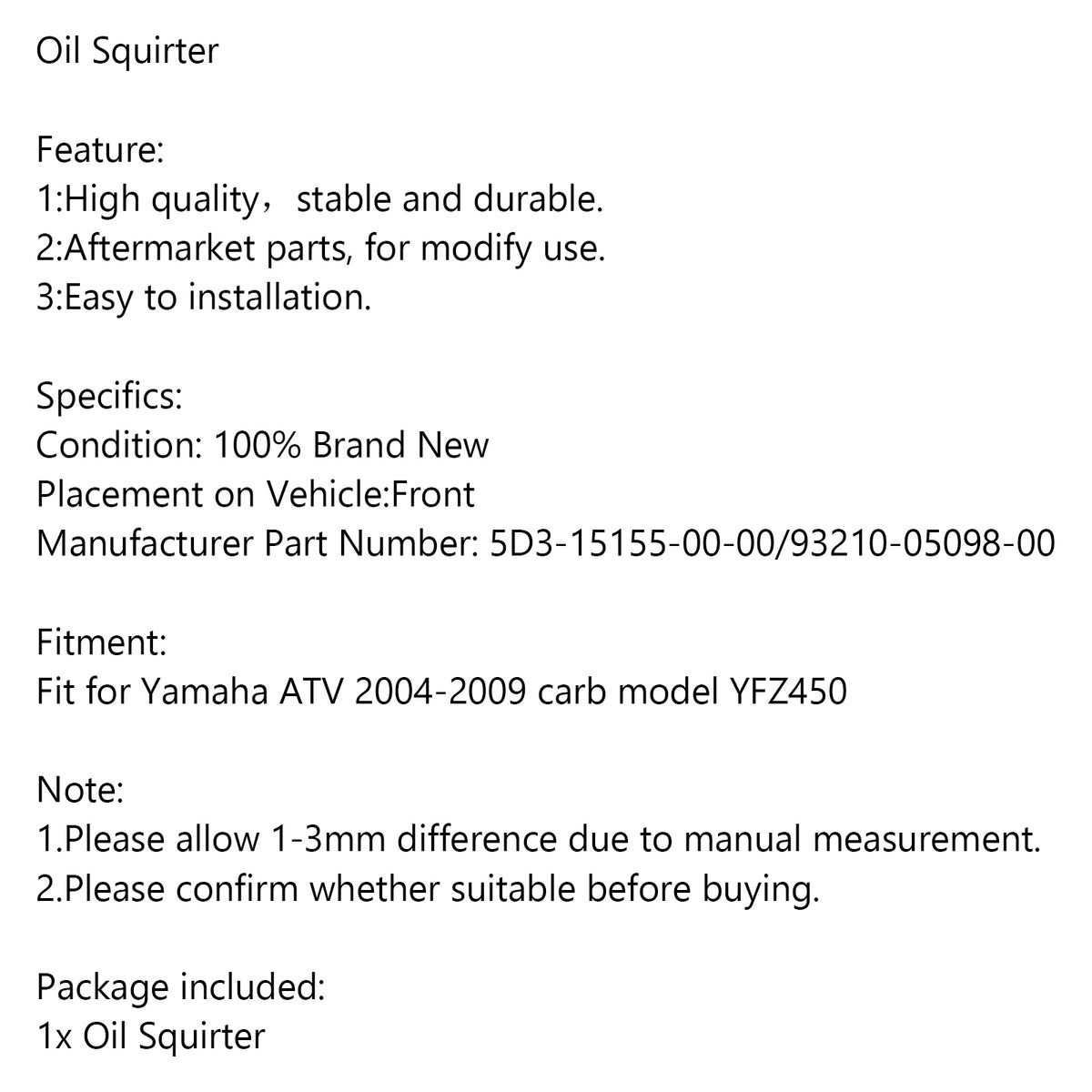 Yamaha ATV YFZ450 2004-2009 5D3-15155-2000-2000 Oil Squirter Oil Mod Upgrade Kit