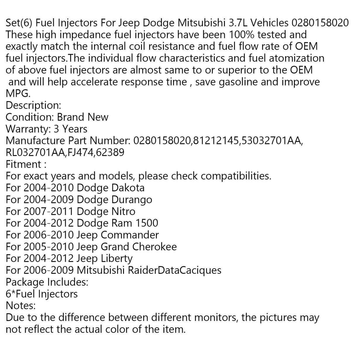 2004-2012 Liberty 3.7L 0280158020 53032701AA 6PCS Upgrades Fuel Injectors