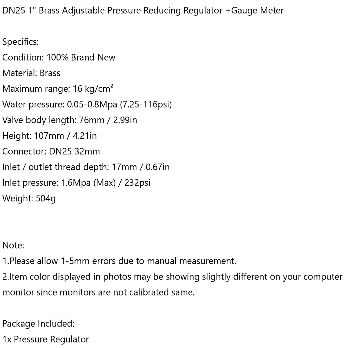 DN25 1" Brass Adjustable Water Pressure Reducing Regulator Valves With Gauge
