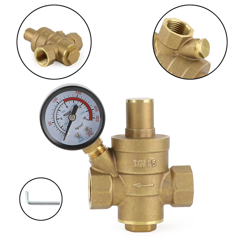 DN15 Brass Adjustable 1/2" Water Pressure Regulator Reducer With Gauge Meter