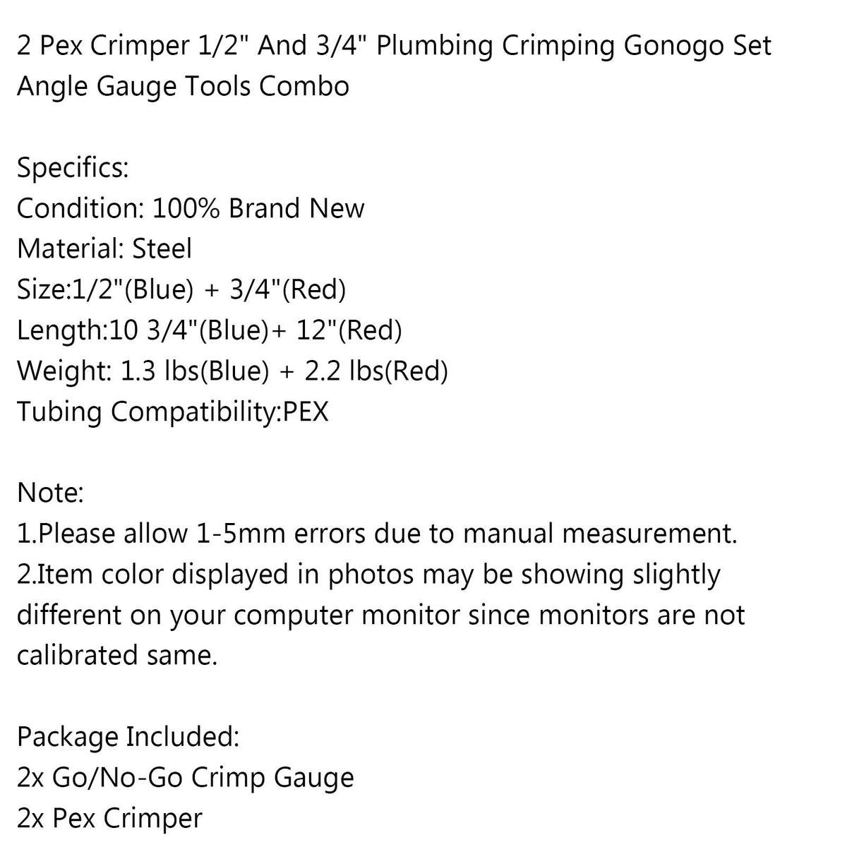2 Pex Crimper 1/2" And 3/4" Plumbing Crimping Gonogo Set Angle Gauge Tools Combo