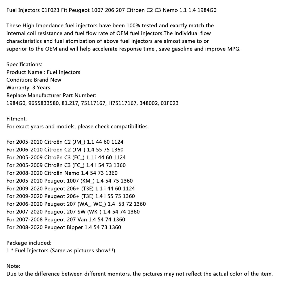 Peugeot 1007 206 207 Citroen C2 C3 Nemo 1.1 1.4 1984G0 Fuel Injector 01F023