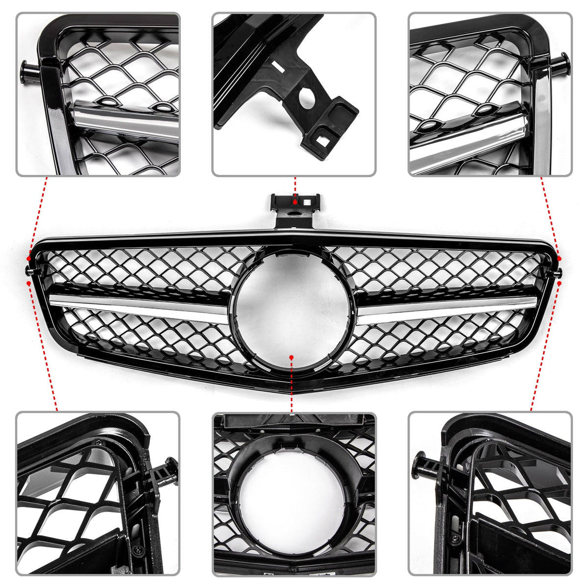 Benz W204 C-Class 2008-2014 ABS Gloss Black Chrome Front Bumper Grill
