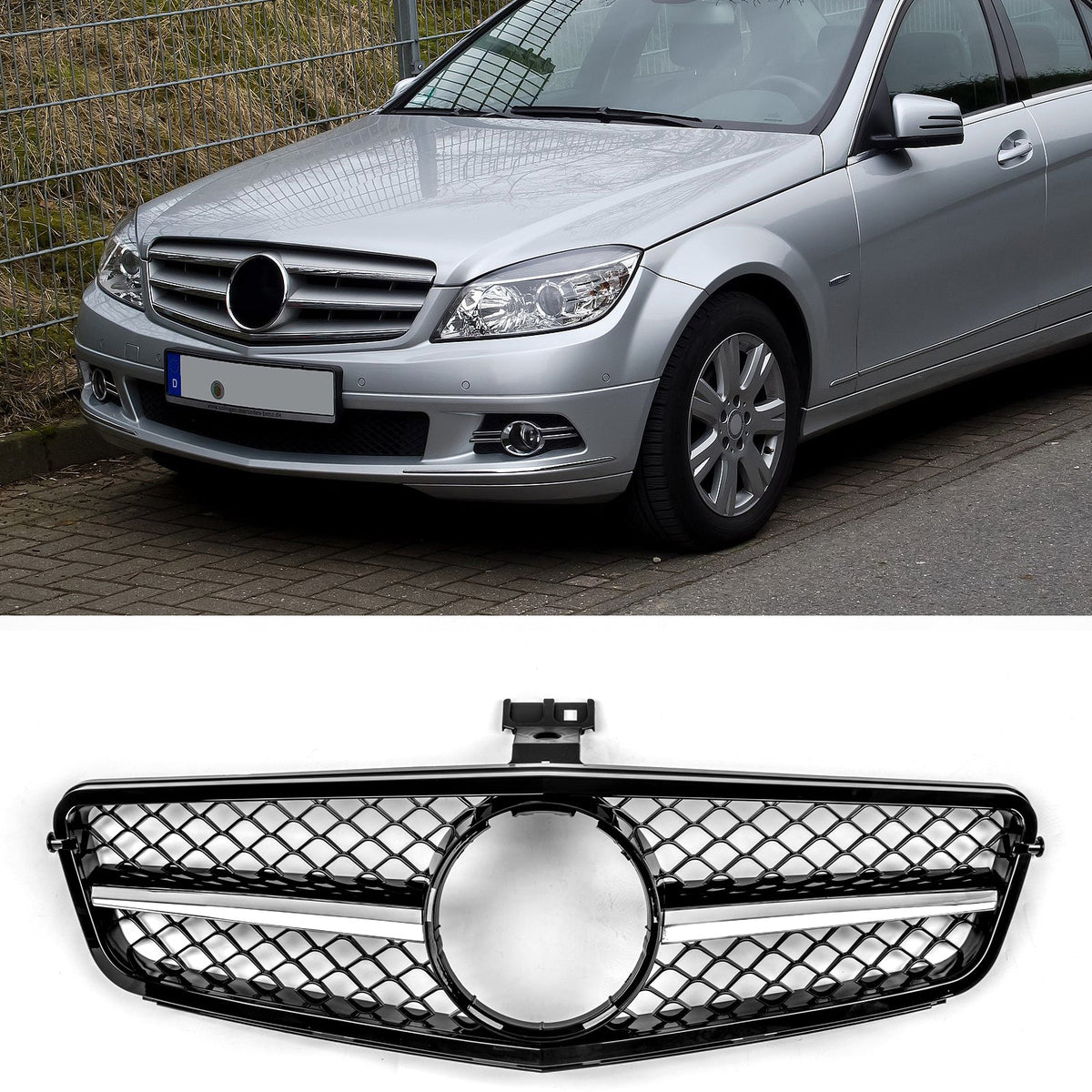 Benz W204 C-Class 2008-2014 ABS Gloss Black Chrome Front Bumper Grill
