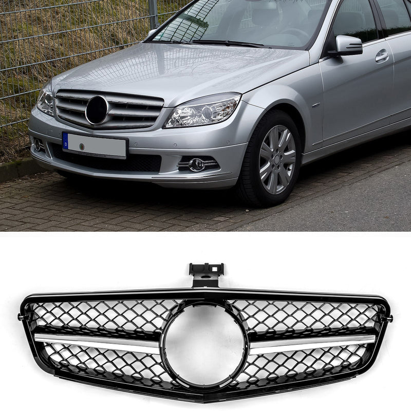 Benz W204 C-Class 2008-2014 ABS Gloss Black Chrome Front Bumper Grill
