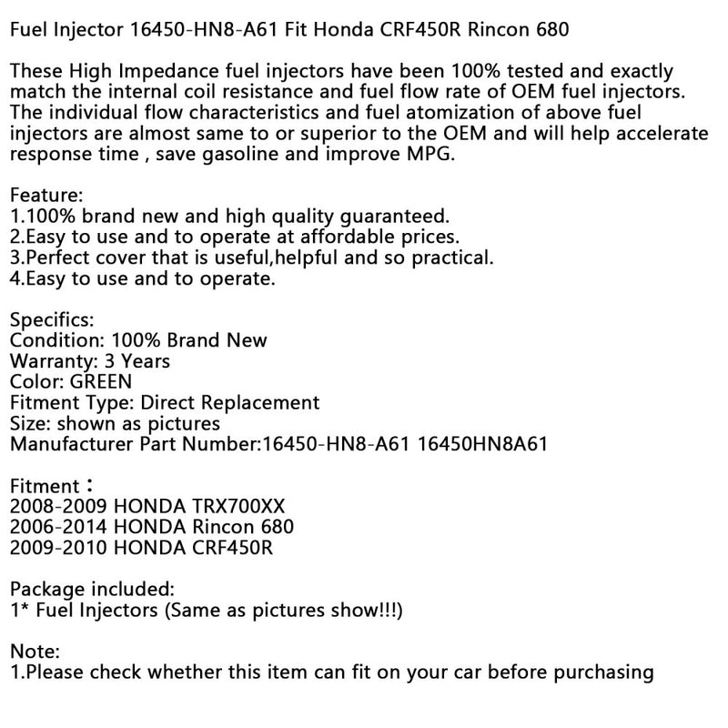 for Honda CRF450R Rincon 680 Fuel Injector 16450-HN8-A61 16450HN8A61