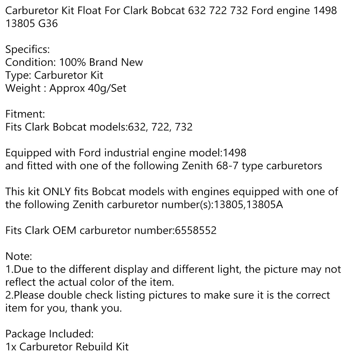 Carburetor Kit Float Fits Clark Bobcat 632 722 732 Ford Engine 1498 13805 G36