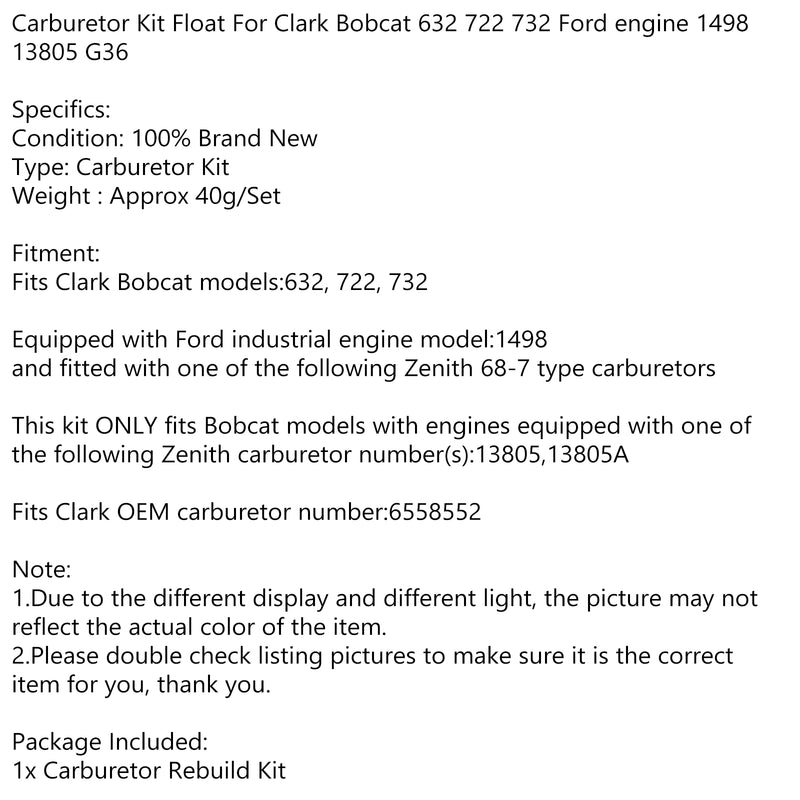 Carburetor Kit Float Fits Clark Bobcat 632 722 732 Ford Engine 1498 13805 G36