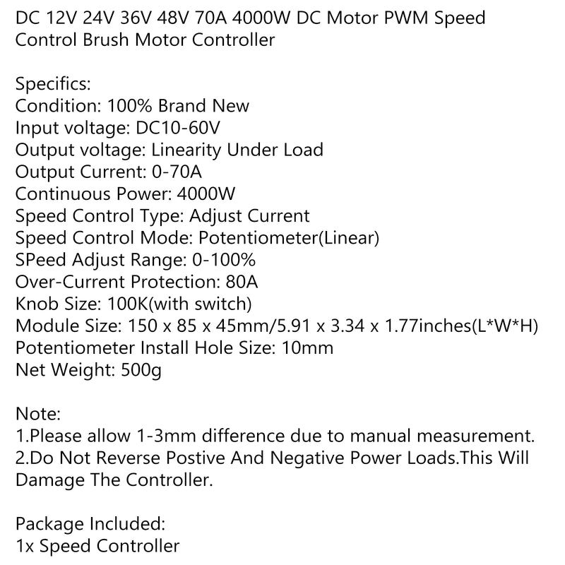 DC 12V 24V 36V 48V 70A 4000W DC Motor PWM Speed Control Brush Motor Controller