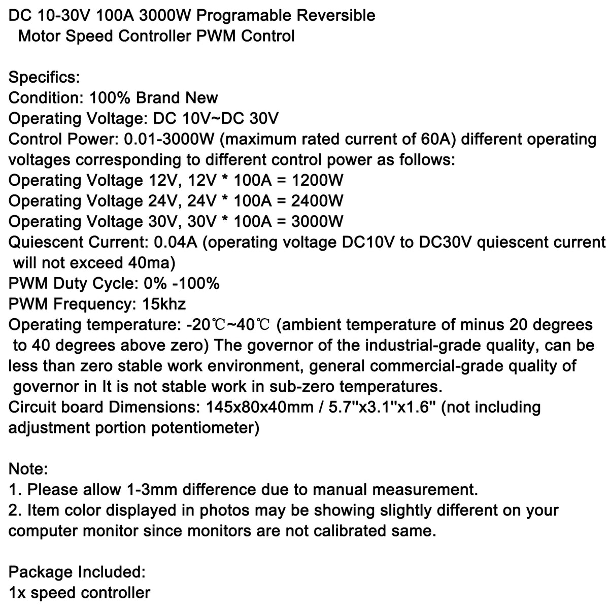 DC10-30V 100A 3000W Reversible  Motor Speed Controller PWM Control