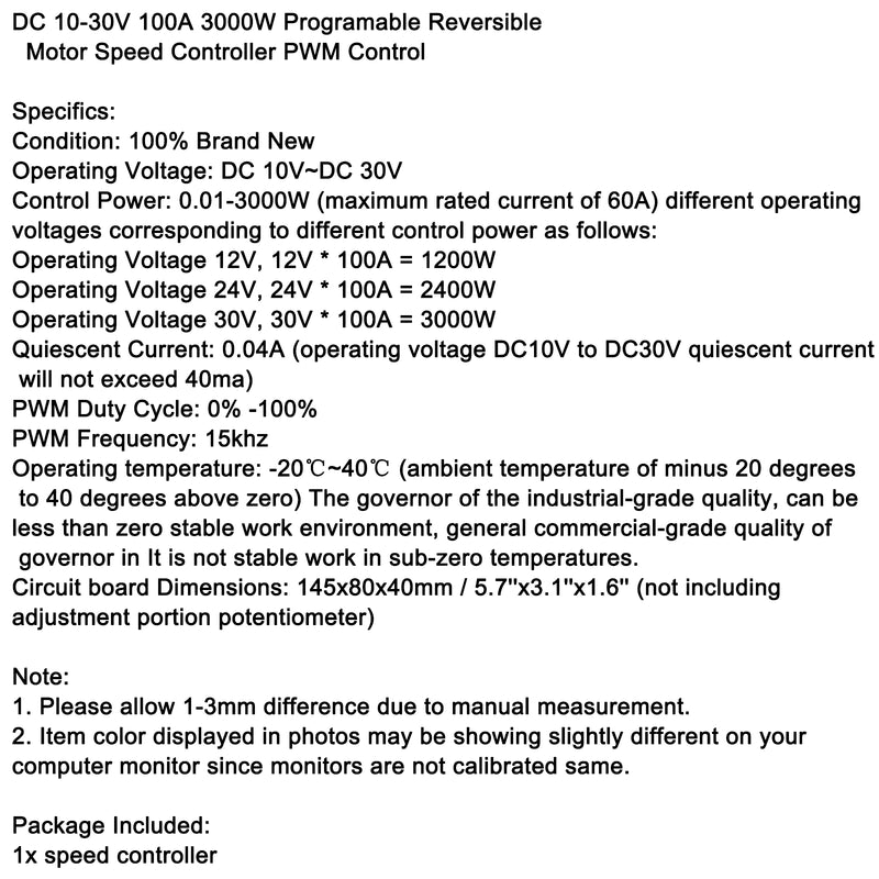 DC10-30V 100A 3000W Reversible  Motor Speed Controller PWM Control
