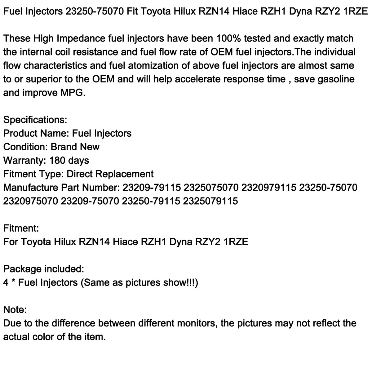 Toyota Hilux RZN14 Hiace RZH1 Dyna RZY2 1RZE 4PCS Fuel Injectors 23250-75070