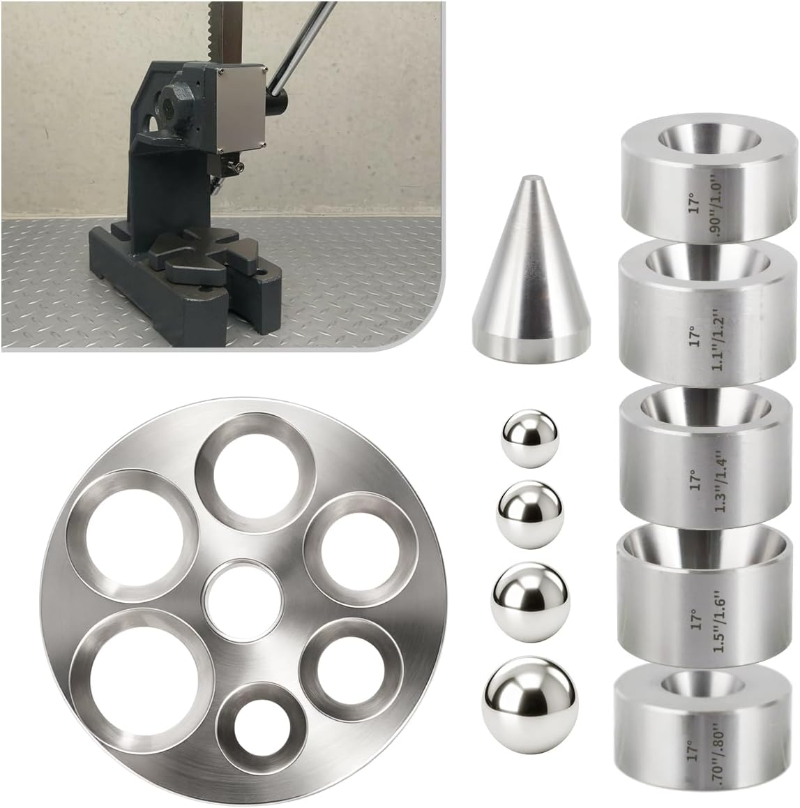 Coin Ring Making Tool with Reducing Plate, Reduction Die Set & Folding Cone Includes Extra Large Depressions Reducing Plate with Balls & 17 Degree Fold Over Cone Kit for Jewelry Ring Making