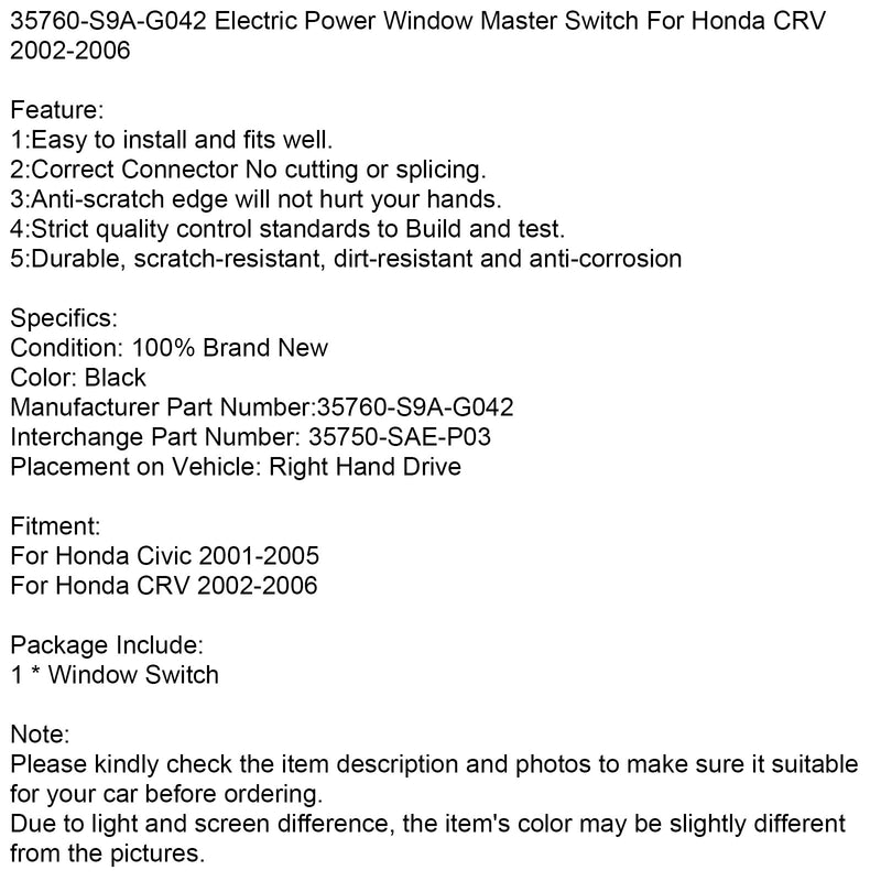 2002-2006 Honda CRV 35760-S9A-G042 Electric Power Window Master Switch