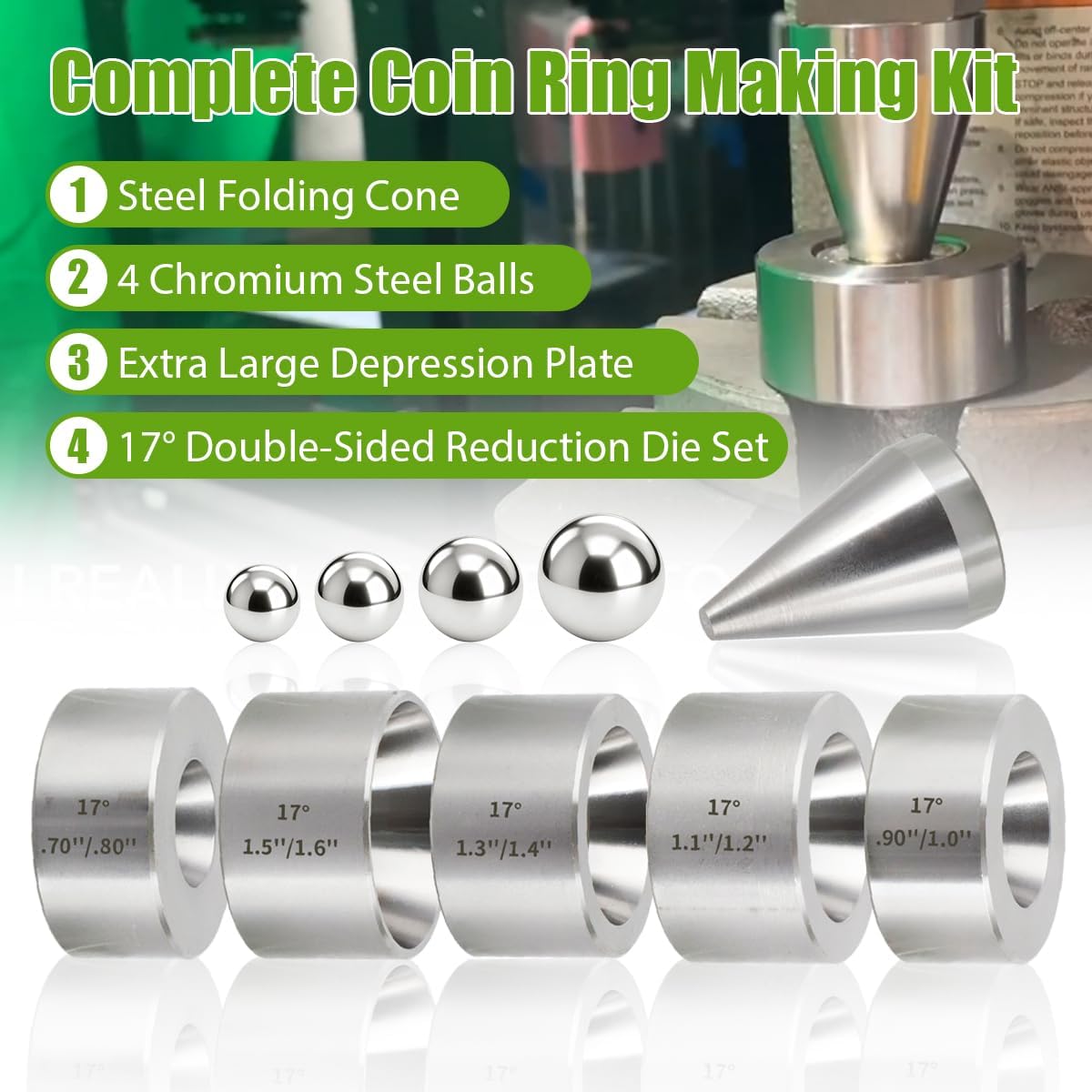 Coin Ring Making Tool with Reducing Plate, Reduction Die Set & Folding Cone Includes Extra Large Depressions Reducing Plate with Balls & 17 Degree Fold Over Cone Kit for Jewelry Ring Making