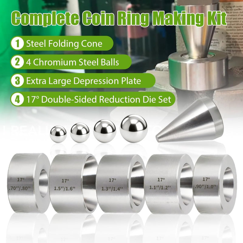Coin Ring Making Tool with Reducing Plate, Reduction Die Set & Folding Cone Includes Extra Large Depressions Reducing Plate with Balls & 17 Degree Fold Over Cone Kit for Jewelry Ring Making