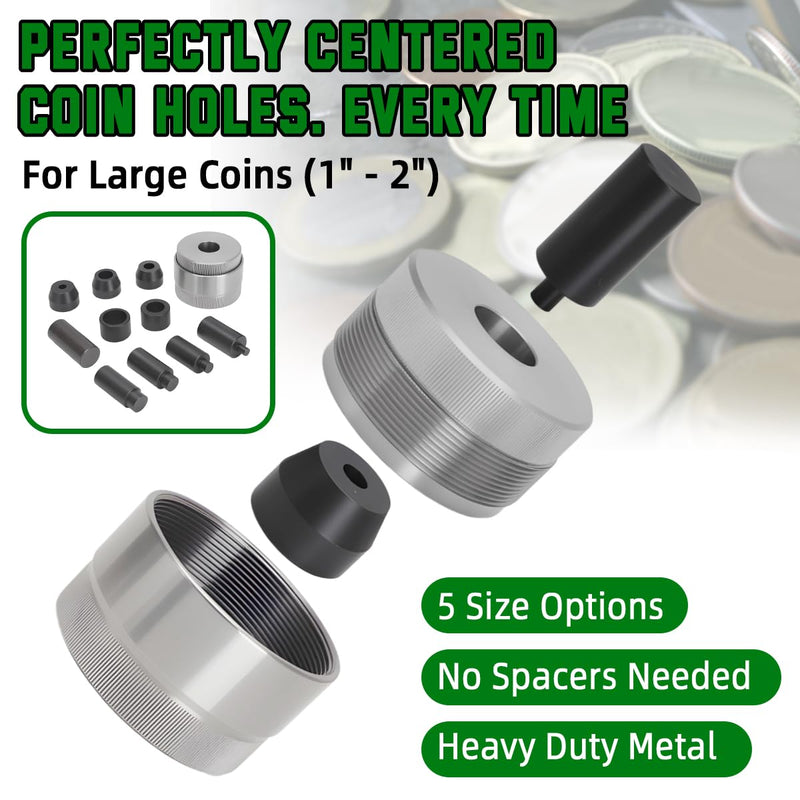Coin Ring Hole Punch Tool Kit Self-Centering with 5 Punch Sizes No Spacers Hole punch sizes 1/4" 3/8" 1/2" 5/8" 3/4" Coin Ring Making Tools Jewelry Crafting