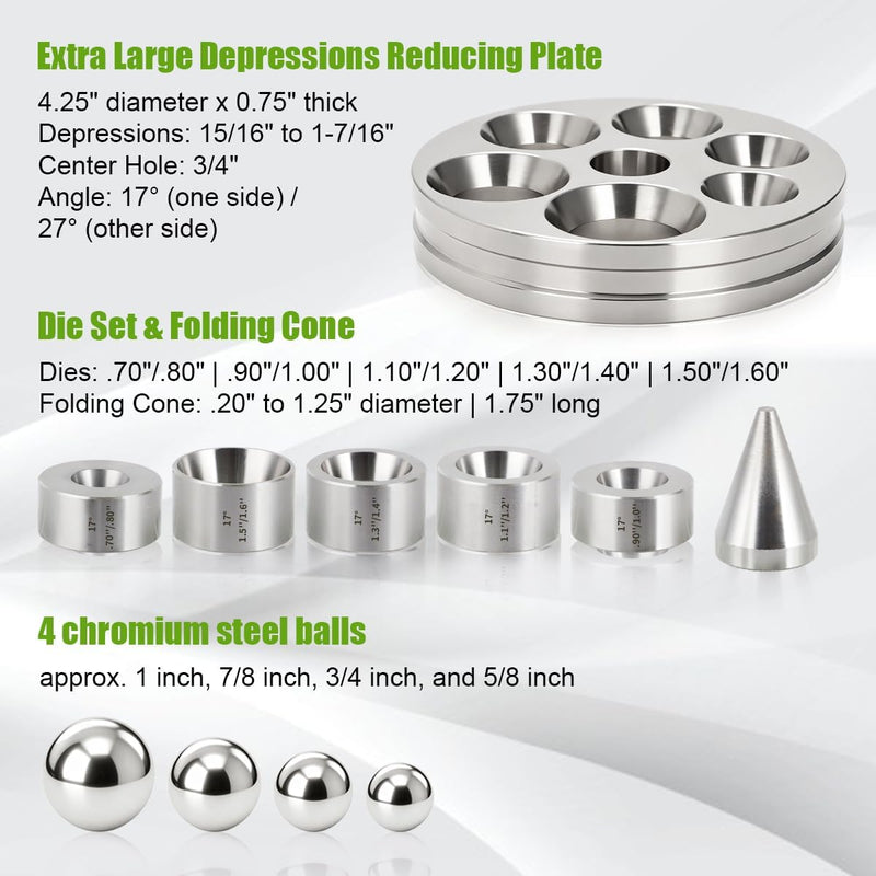 Coin Ring Making Tool with Reducing Plate, Reduction Die Set & Folding Cone Includes Extra Large Depressions Reducing Plate with Balls & 17 Degree Fold Over Cone Kit for Jewelry Ring Making