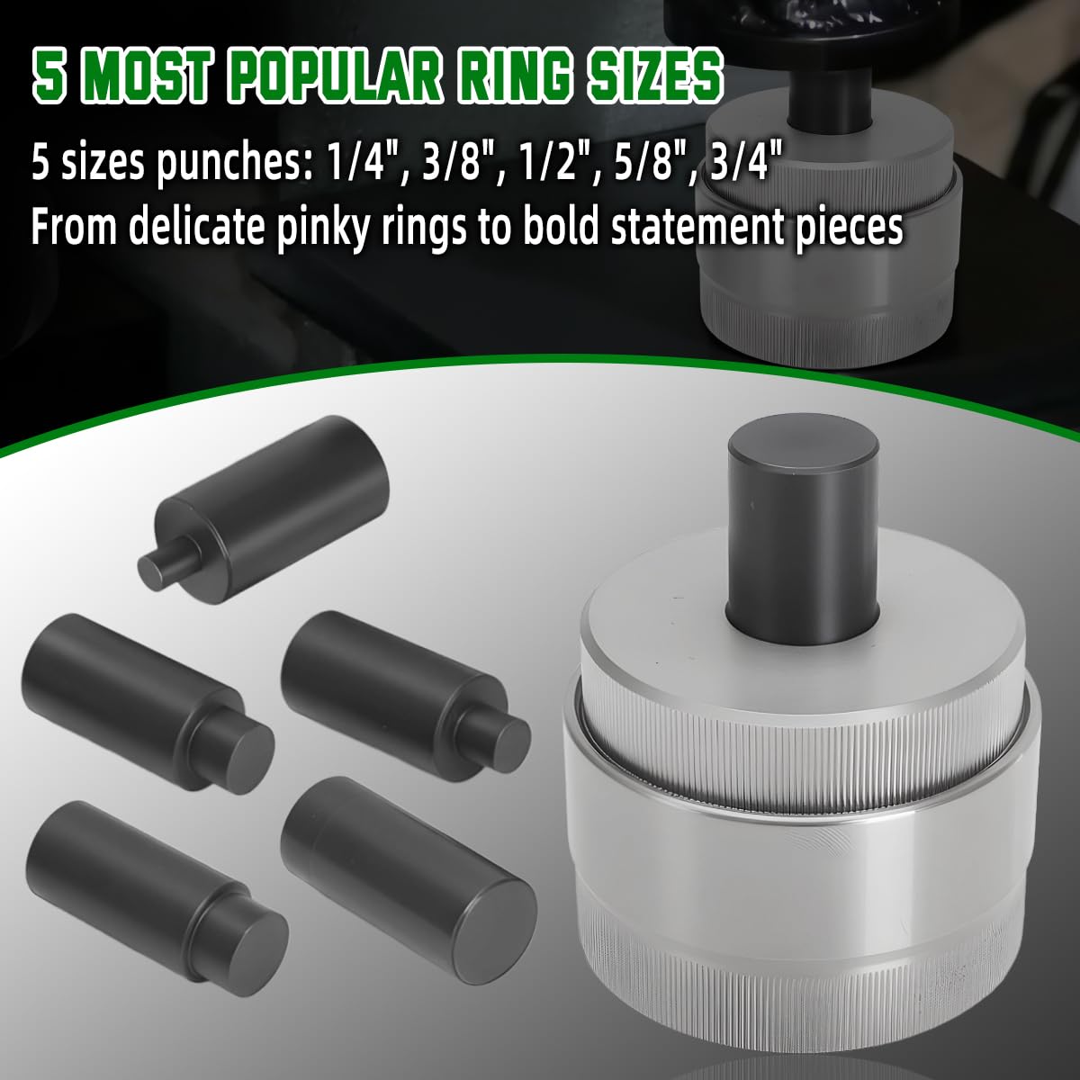 Coin Ring Hole Punch Tool Kit Self-Centering with 5 Punch Sizes No Spacers Hole punch sizes 1/4" 3/8" 1/2" 5/8" 3/4" Coin Ring Making Tools Jewelry Crafting